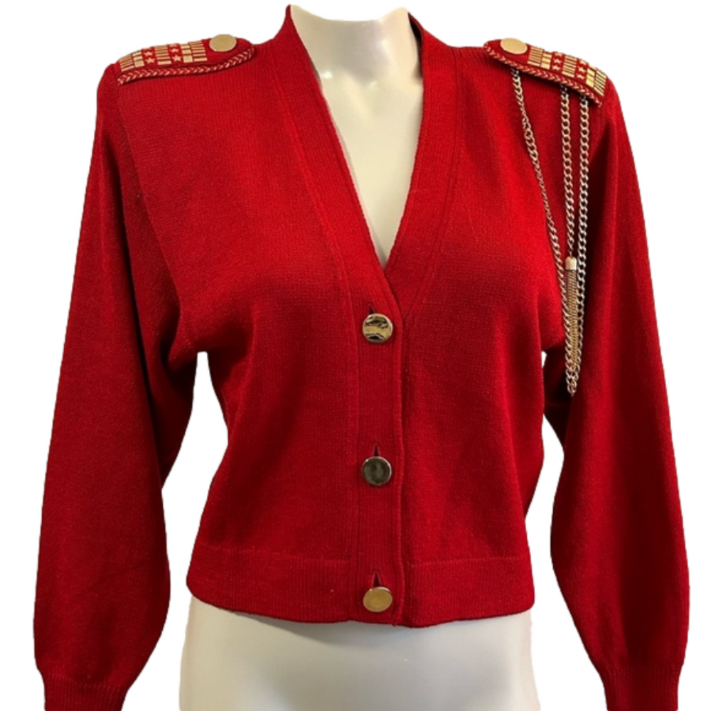 ST. JOHN by Marie Gray VTG red/ gold padded cropped cardigan as is ( holes )